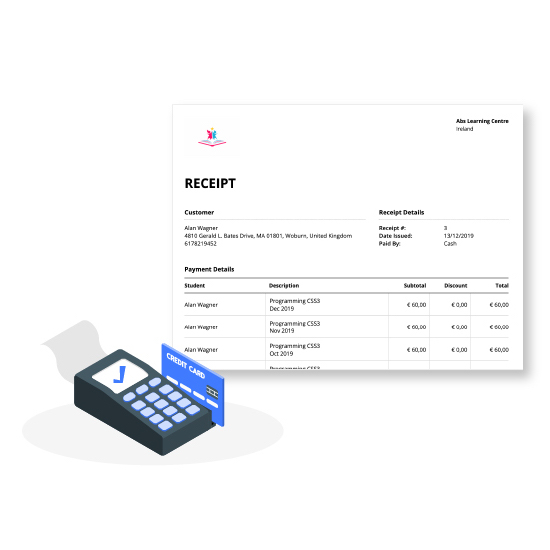 Professional invoices and receipts generated by Teach 'n Go